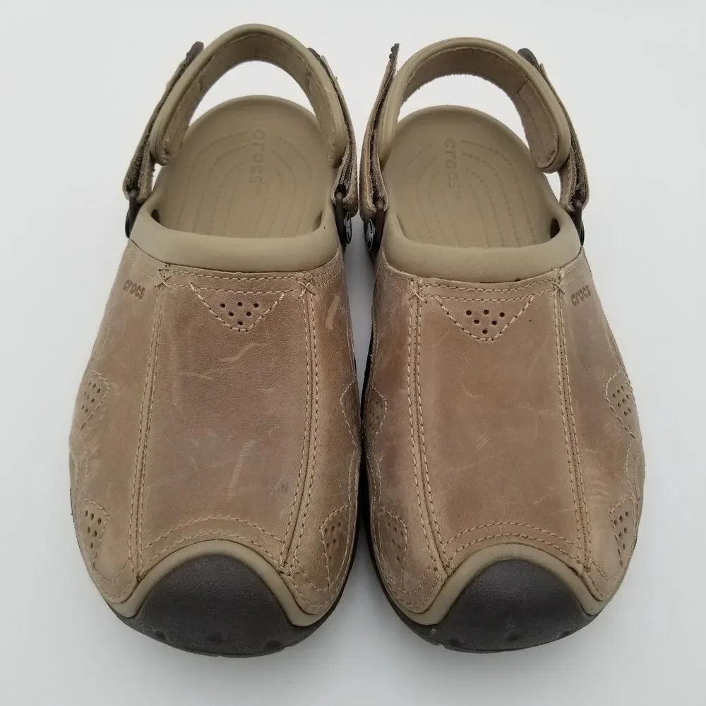 CROCS Swiftwater Light Brown Leather Adjustable Strap Slip On Clogs Mens Size 9